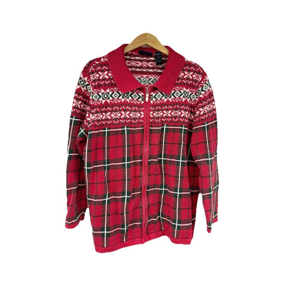 Vintage Crazy Horse Liz Claiborne Red Faire Isle Plaid Zip Front Sweater 2XL